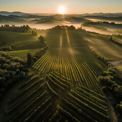 AI generated illustration of an aerial view of a sunrise over the vineyards in Tuscany