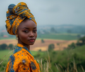 Portrait of a Nigerian woman wearing a traditional embroidered blouse and headscarf in a rural area
