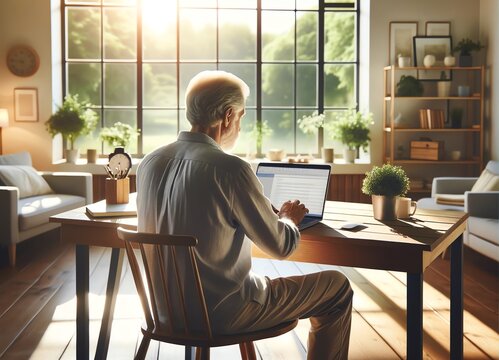 Image of an Old Man sitting at a home office desk, working on a laptop