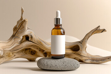 Cosmetic skincare bottle on a rock mockup, wooden driftwood. Minimalistic design