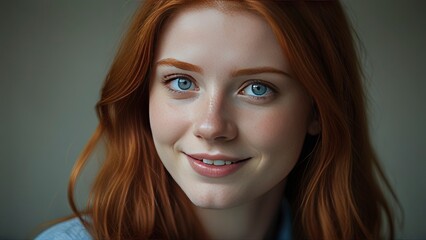 Radiant Young Woman with Red Hair and Blue Eyes: Captivating Portrait.