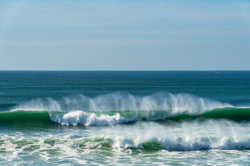 Une belle vague couleur émeraude se forme dans les eaux turquoises de la mer d'Iroise, projetant des embruns dans l'air, créant une scène saisissante de la puissance de la nature.