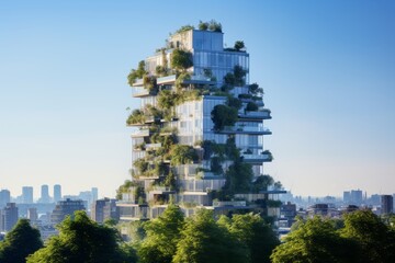 Obraz premium A Modern High-Rise Residential Building with a Green Oasis on the Rooftop Against a Bright Sky