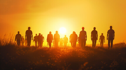 Fototapeta premium Silhouette of People Walking in Field at Sunset