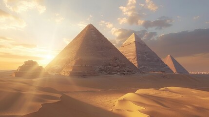Giza pyramid complex, golden hour lighting casting long shadows over the vast desert realistic