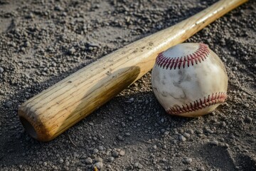 Close-up of a used baseball bat and ball lying on the dusty field