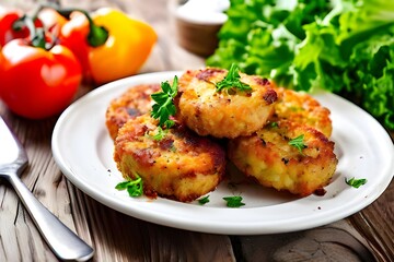 Plated fried cutlets with vegetables on a wooden table.