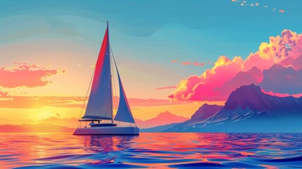 Fototapeta premium A sailboat is sailing in the ocean at sunset