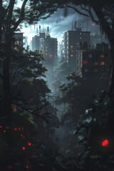 A dark and overgrown city street with large buildings covered in plants. The sky is dark and cloudy with a hint of light in the distance.