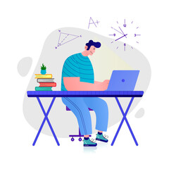 Illustration of a boy working with a computer. He is a student of mathematics and is studying. He is hardworking and diligent.