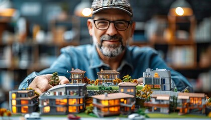 Businessman holding the residential model for advertisement.