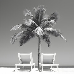 Two sunbeds standing under palm trees. Tropical resort. Vacation and relax concept. monochromatic aesthetic images.