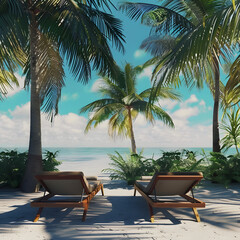 Two sunbeds standing under palm trees. Tropical resort. Vacation and relax concept.