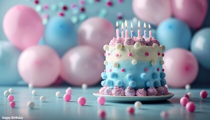 A birthday card with a large beautifully decorated, three tier birthday cake with candles, pastel color balloons are in the background