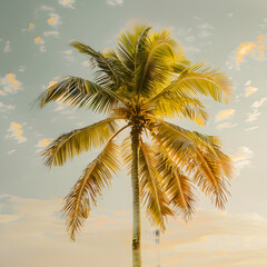 One palm tree with green and yellow leaves against morning sky.