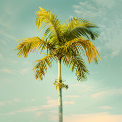 Horizontal background with tropical palm tree. Leaves of a tall palm tree and white sky.