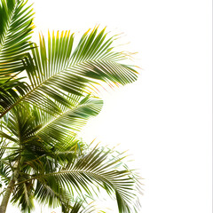 Fototapeta premium Horizontal background with tropical palm tree. Leaves of a tall palm tree and white sky.