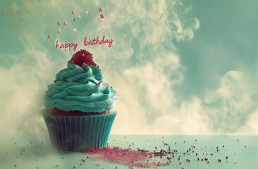 happy birthday cupcake with text "happy birthday" photo image of confetti or stars.