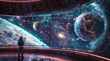 futuristic space observatory with transparent walls, showing a 360-degree view of outer space with planets, stars, and galaxies in sharp detail, and an astronaut studying this celestial panorama, merg