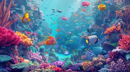 A vibrant 3D illustration showcasing a bustling underwater world filled with colorful tropical fish among the coral reef