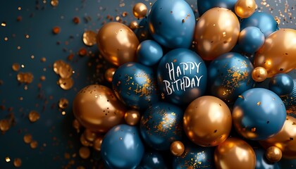 Holiday background with golden and blue metallic balloon, for birthday party.