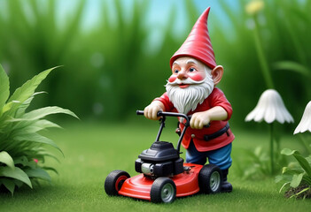 Illustration of lawn mowing garden gnome