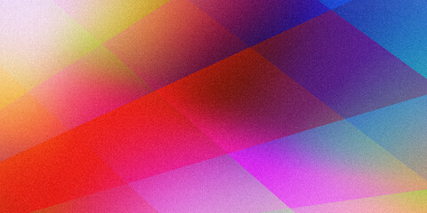 Abstract geometric shapes in multicolored dark mix pink orange neon yellow blue red purple with a grainy, pixelated texture on an ultrawide gradient background. For design banners wallpapers templates