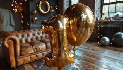 Made of two golden floating helium balloons, more ballons and party atmosphere in the background,...
