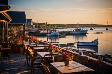 A charming seafood eatery with outdoor seating overlooking a vibrant harbor at dusk