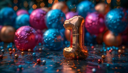 Naklejka premium Made of two golden floating helium balloons, more ballons and party atmosphere in the background, festive birthday card. Number 1