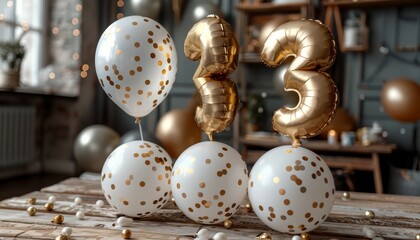 Made of two golden floating helium balloons, more ballons and party atmosphere in the background, festive birthday card. Number 33