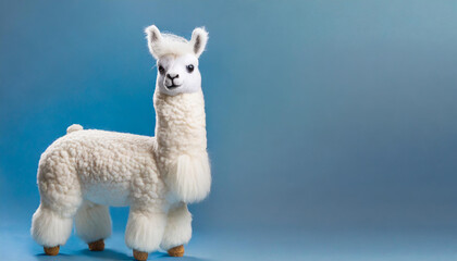 Fototapeta premium Soft alpaca plushie doll. Craft crocheted toy for kids. Handmade llama standing on blue background.