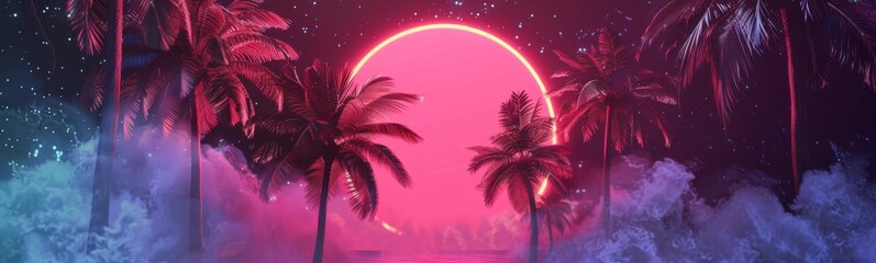 Fototapeta premium Palm trees in front of a pink sunset with a pink moon. Travel background. Banner