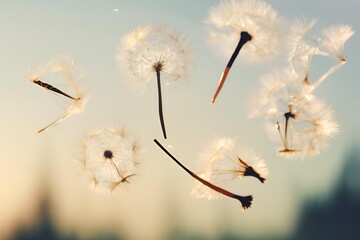 Abstract blurred nature background dandelion seeds parachute. Abstract nature bokeh pattern .