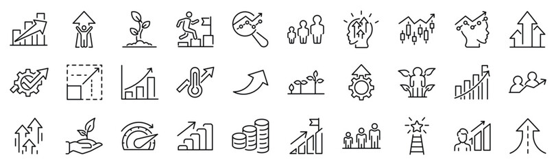 Set of 30 outline icons related to growth. Linear icon collection. Editable stroke. Vector illustration