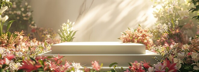 A large empty podium in the center of the frame, surrounded by flowers and plants.
