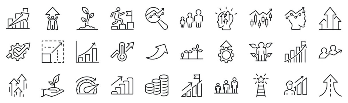 Set of 30 outline icons related to growth. Linear icon collection. Editable stroke. Vector illustration