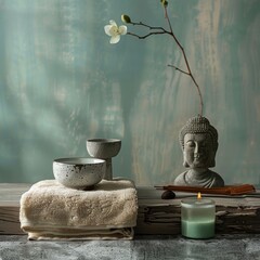 A Buddha statue is placed on top of a wooden table in a still life zen garden setting