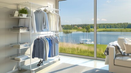 a garment rack in a light-filled modern living room, blending seamlessly with the contemporary decor and minimalist aesthetic for a stylish organization solution.