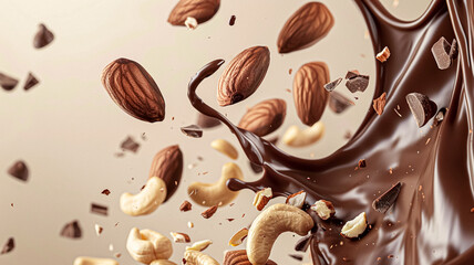 Fototapeta premium Nuts and chocolate splash, food dessert and confectionery industry