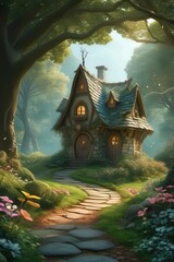 Fototapeta premium Nature background design a whimsical fairy tale scene with a charming cottage in the woods, playful fairies, and a winding path leading to a magical portal