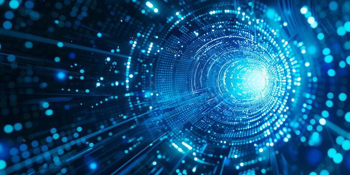 Fondo Tecnol&oacute;gico Futurista Azul: Transferencia de Datos de Alta Velocidad con L&iacute;neas y C&iacute;rculos Digitales - Banner Web Renderizado en 3D