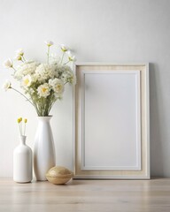Mock up frame with white flowers in vase on wooden table