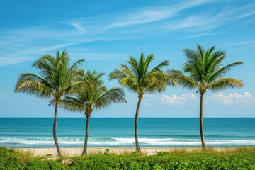 Pristine beach view with lush palm trees against a clear blue sky