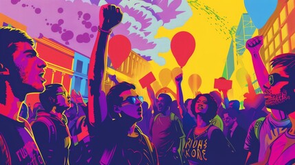 A pop art depiction of a 1990s LGBTQ+ rights protest, with bold colors and comic-style text bubbles containing powerful quotes from activists, vibrant and impactful,