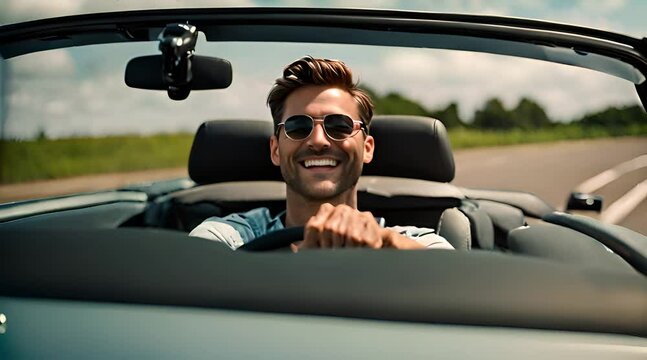 Mann f&auml;hrt im Cabrio, lacht und ist gut gelaunt