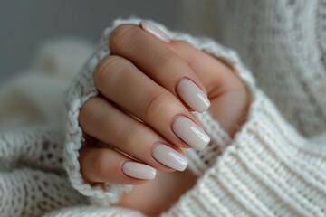 Close-up of a woman's hand with an elegant neutral manicure. Beautiful light pink gel nail polish on rectangular nails