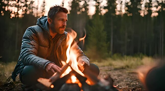 Mann sitzt am Lagerfeuer auf dem Zeltplatz