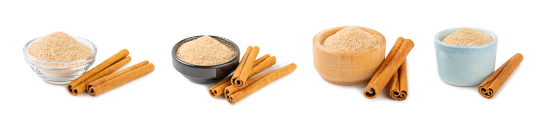 Cinnamon sugar isolated on white background. Homemade cinnamon sugar in a bowl on background. Brown sugar. Spice mixture for drinks and baking.