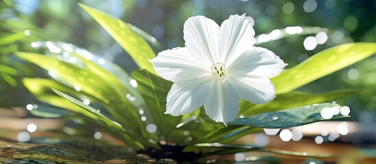 portrait of white hibiscus with beautiful white petals and fresh pollen against tropical forest background